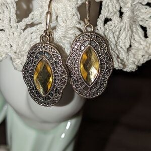 Vintage Honey Orange Marquis shaped Citrin color silver tone earrings
